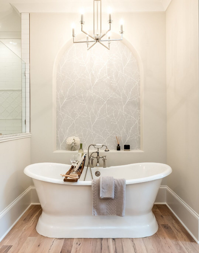 Freestanding bath nook Immediately upon walking into this space you are greeted by a stunning free-standing cast iron tub sitting in-front of a wallpapered inset accent wall with custom archway Wall Freestanding bath nook Immediately upon walking into this space you are greeted by a stunning free-standing cast iron tub sitting in-front of a wallpapered inset accent wall with custom archway #bathroom #freestandingbathtub #bathtubnook #bathroomnook #nook#bathroom #freestandingbathtub #bathtubnook #bathroomnook #nook