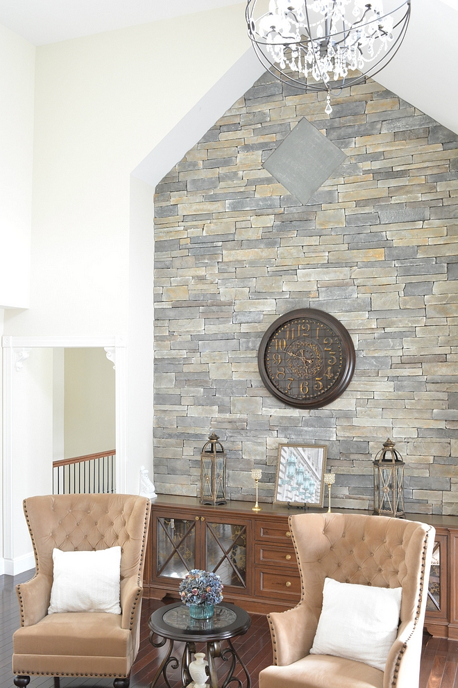 Accent Wall - when you can't have a fireplace you can add a stone accent wall with built-ins The stone on the wall is by Boral and is called Echo Ridge