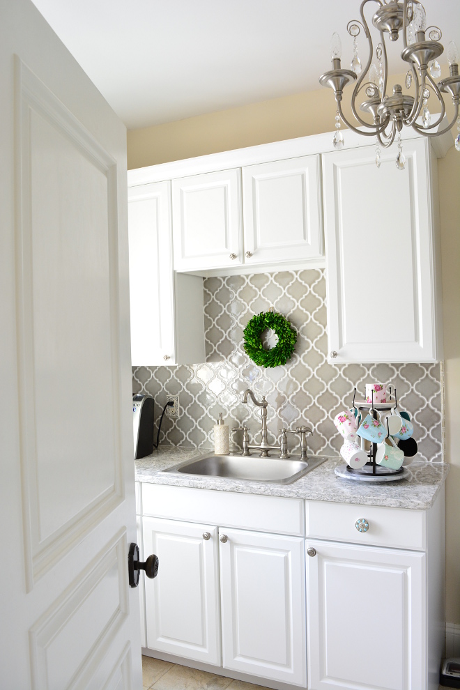 Grey Arabesque Backsplash Tile in laundry room