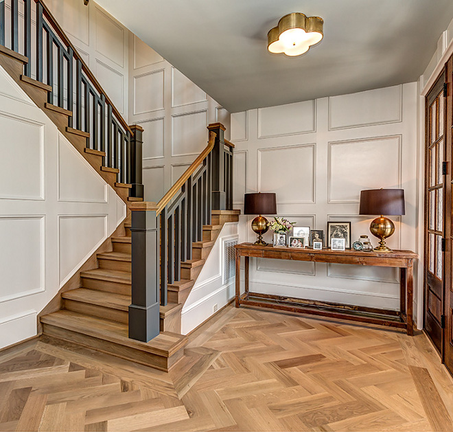 Herringbone Hardwood Flooring Hardwood flooring is 5 1/4” White Oak with custom stain in diagonal herringbone pattern cut and laid #hardwoodflooring #herringbonehardwood #herringbone #flooring