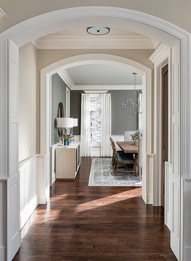 Benjamin Moore HC-172 Revere Pewter with Dark Hardwood Floors. Don't change dark hardwood floor change the wall color to Benjamin Moore HC-172 Revere Pewter to complement the dark hardwood floor color #benjaminmoorehc172reverepewter