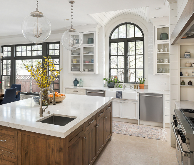 Kitchen Island mitered quartz countertop The countertops are Silestone Quartz in Pearl Jasmine from their Eternal Collection Kitchen Island mitered quartz countertop #KitchenIsland #miteredquartzcountertop #quartzcountertop