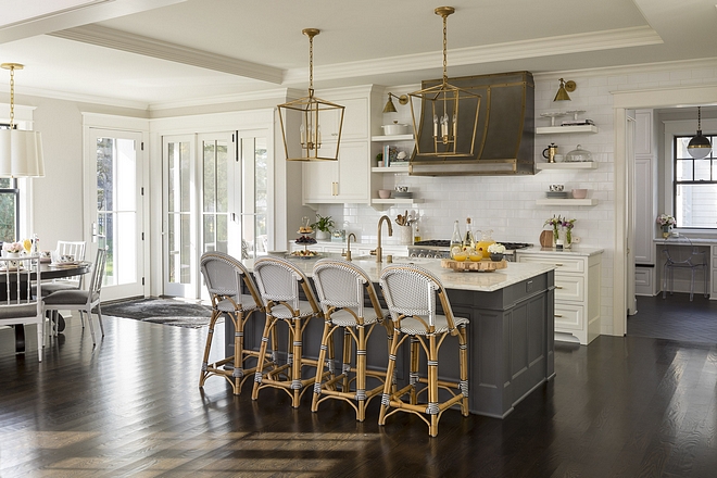 White kitchen painted in Benjamin Moore White Dove cabinets with grey island painted in Benjamin Moore Stormy Sky #BenjaminMoorekitchen