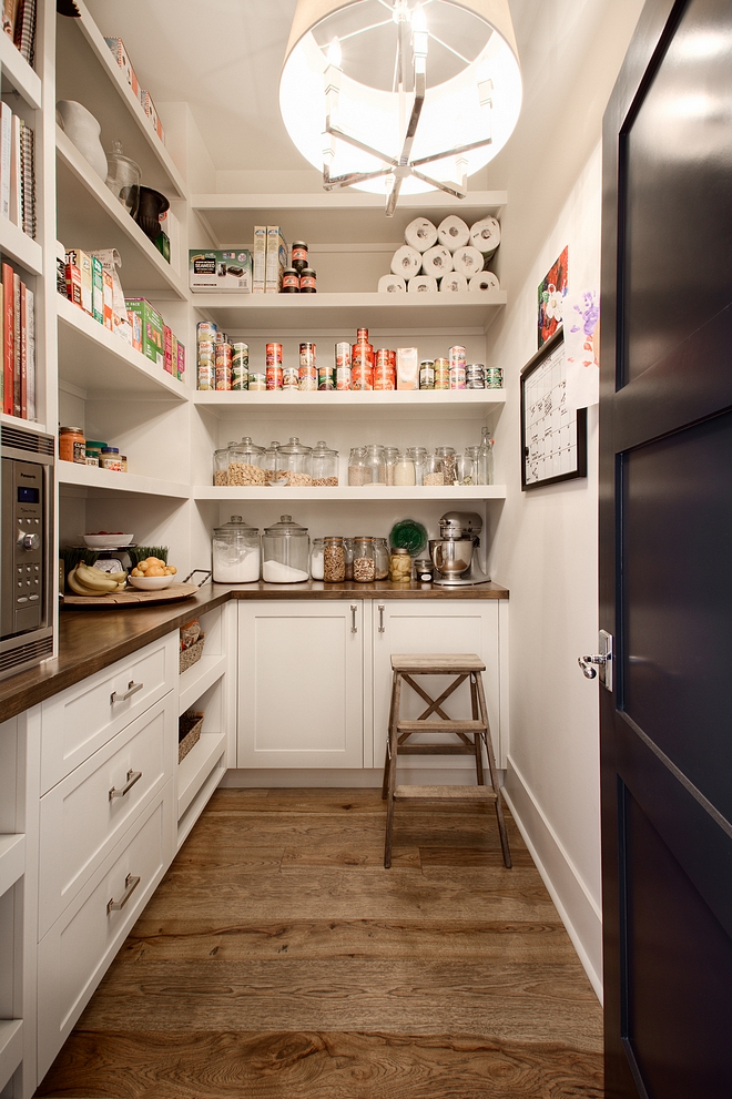 Pantry Kitchen Pantry Dream pantry The pantry features fixed shelves, built-in cabinets and butcher block countertop #pantry