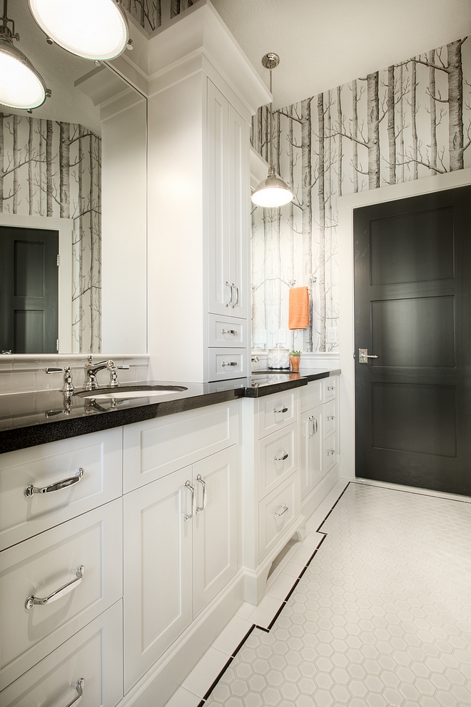 Bathroom with custom cabinetry tower between sinks Cabinet painted in BM Seapearl #bathroom #cabinet #BMSeapearl