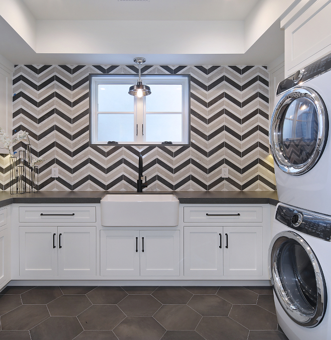 Laundry Room farmhouse sink and chevron tile Laundry Room Laundry Room Laundry Room #LaundryRoom #chevrontile