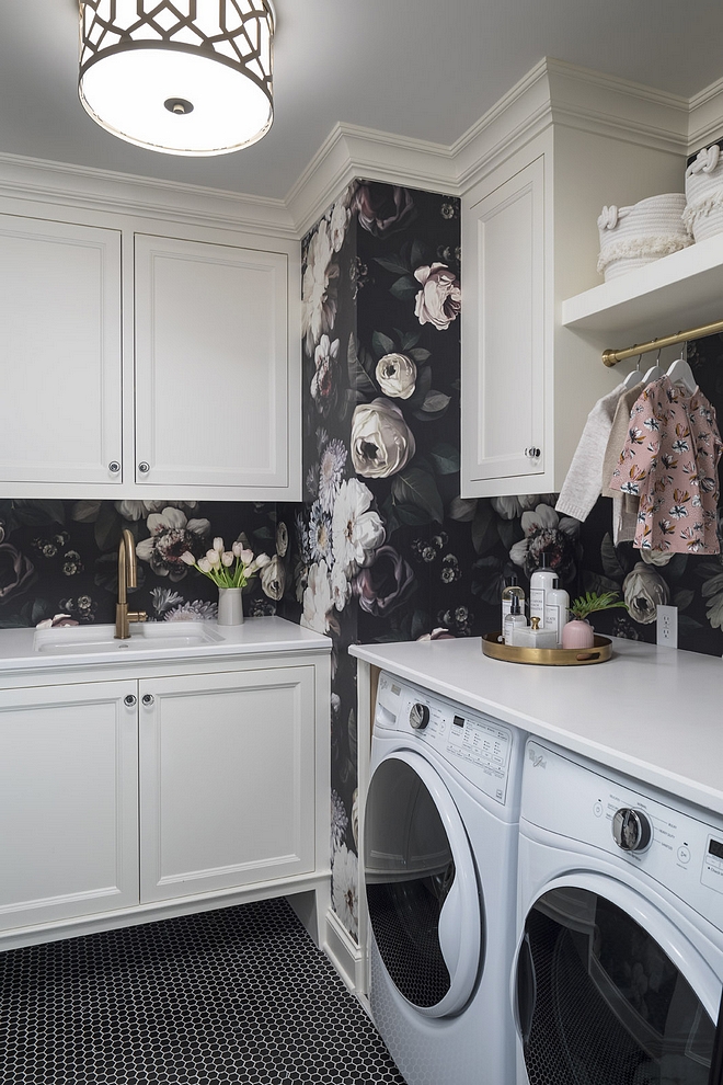 White laundry room cabinet paint color Benjamin Moore White Dove with floral wallpaper and matte Black Hex Mosaic Tile #laudryroom #BenjaminMooreWhiteDove