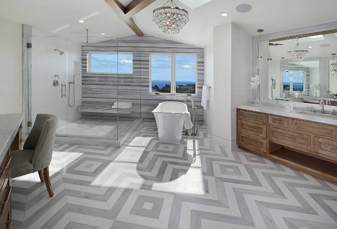 White and grey bathroom Flooring 24x24" Honed Stratus and Thassos Tile in Herringbone Pattern Herringbone White and grey bathroom Flooring #bathroomFlooring
