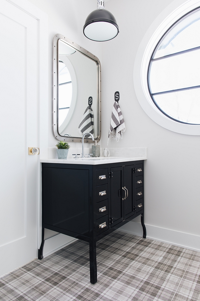 Modern farmhouse bathroom with Metal Pharmacy Washstand from Restoration Hardware sources on Home Buncg