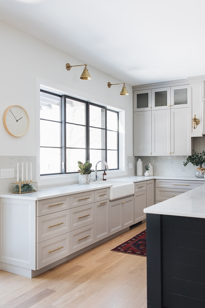 The wall paint color is Sherwin Williams Extra White SW 7006 Light grey kitchen with white walls painted in Sherwin Williams Extra White #SherwinWilliamsExtraWhite