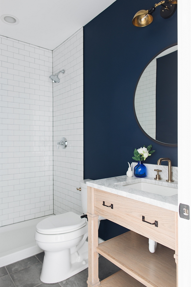 Sherwin Williams Naval SW 6244 Sherwin Williams Naval SW 6244 Farmhouse bathroom with dark blue paint color Sherwin Williams Naval SW 6244 and white subway tile Sherwin Williams Naval SW 6244 #SherwinWilliamsNavalSW6244