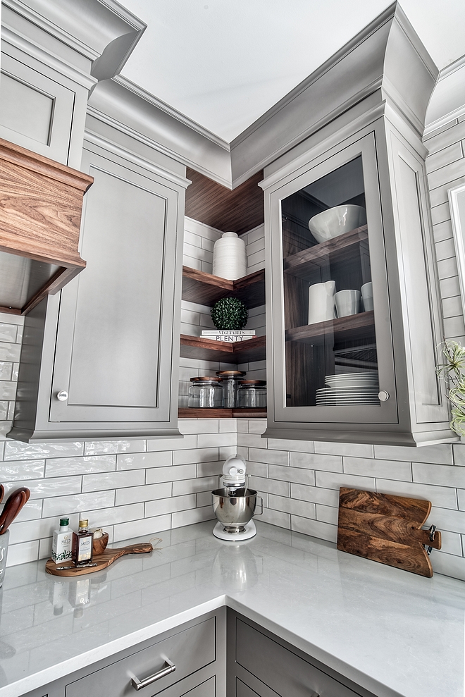 Kitchen corner shelves Kitchen features corner shelves in Natural Walnut #Kitchen #cornershelves