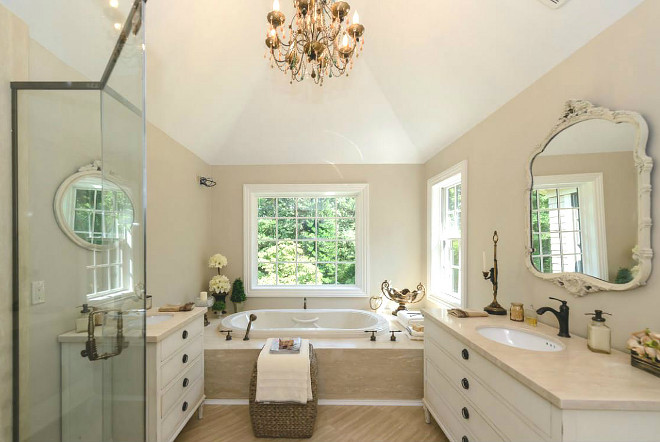 Tan Bathroom with Creamy White Cabinet Traditional Bathroom with tan walls and creamy white cabinetry Tan Bathroom with Creamy White Cabinet Tan Bathroom with Creamy White Cabinet #TanBathroom #CreamyWhiteCabinet #batrhoom