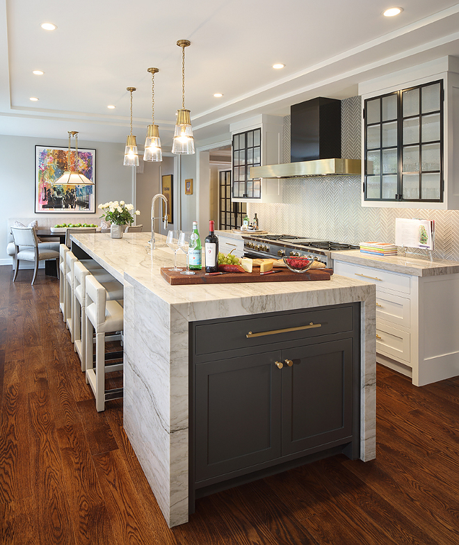 Sherwin Williams Iron Ore SW 7069 Waterfall kitchen island painted in Sherwin Williams Iron Ore SW 7069 #SherwinWilliamsIronOreSW7069 #SherwinWilliamsIronOre