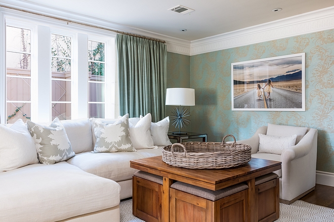 Cozy den with slipcovered linen sectional and chair