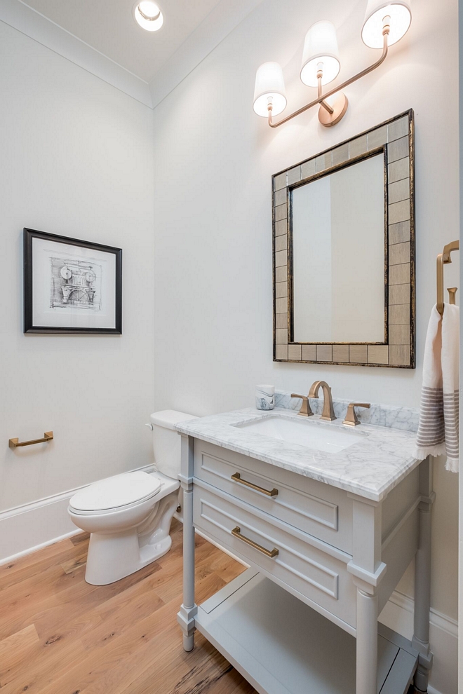 Powder Room Small Vanity with Marble Top Furniture Vanity in Dove Grey with natural marble top sources Where to buy source on Home Bunch Powder Room Small Vanity with Marble Top #PowderRoom #SmallVanity #vanityMarbleTop