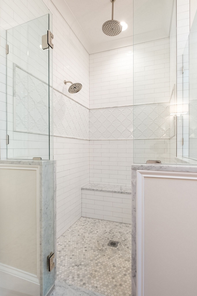 Shower 5 foot by 6 foot shower with built-in bench seat and dual heads one being a rain head #shower #showersize #showerdimensions