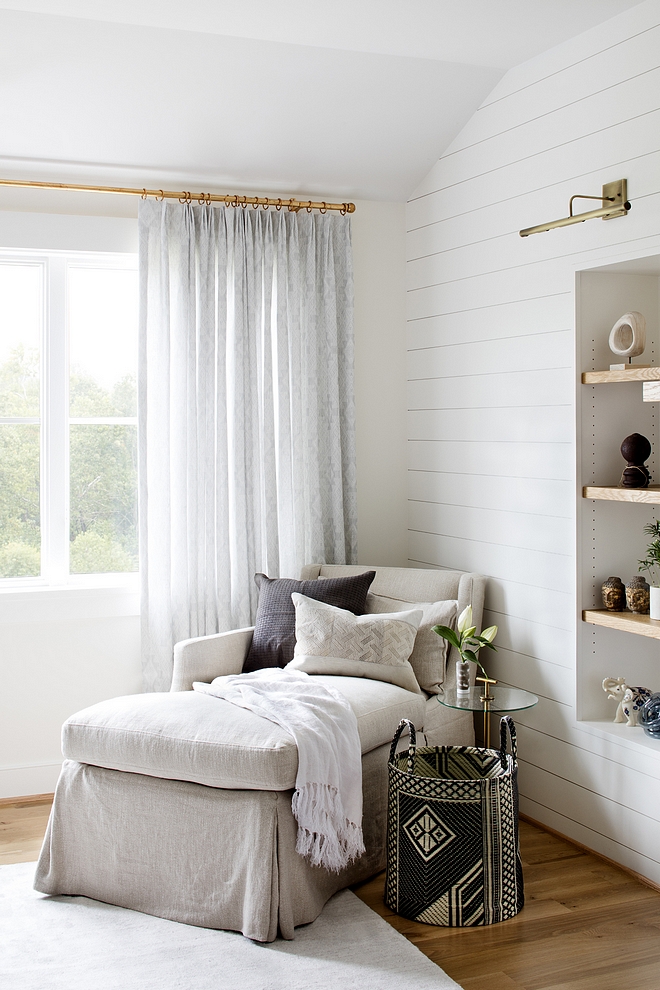 Bedroom sitting area farmhouse bedroom shiplap with slipcovered chaise and beautiful decor Bedroom sitting are Bedroom #bedroom #sittingarea #shiplap #bedroomsittingarea #chaise