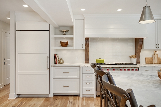 White kitchne with Walnut corbels Kitchen hood corbel #kitchenhood #hoodcorbel #walnut #walnutcorbel