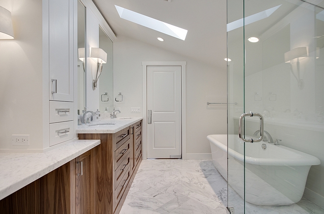 Bathroom Tile Real Marble Floor Tile Real Marble bathroom Tile flooring 6x18 Carrara marble laid in a herringbone pattern #bathroommarbletile #bathroom #marbletile