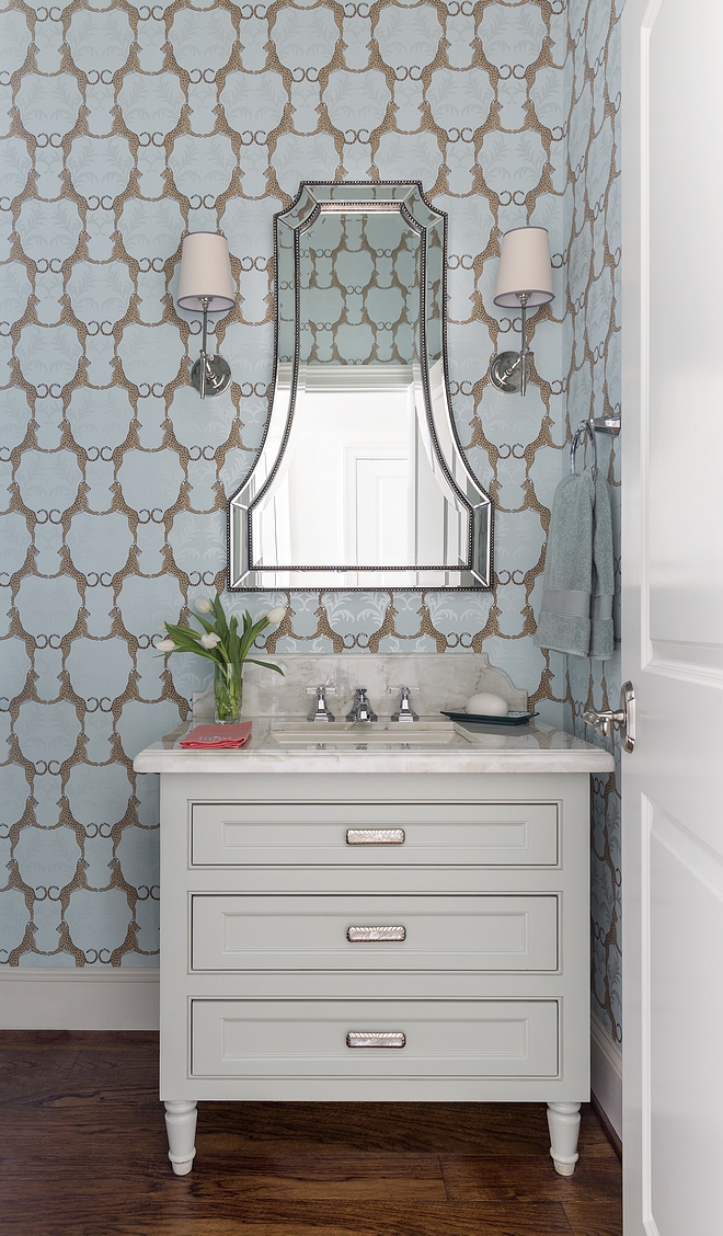 Classic Gray Benjamin Moore Bathroom Vanity Benjamin Moore Classic Gray The small vanity is custom, painted in Classic Gray by Benjamin Moore #BenjaminMooreClassicGray #Smallbathroom #smallvanity #paintcolor