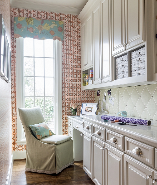 Small Home Office Small Home Office As you can see, you don't need much space to have a very useful room! The custom cabinets are SW Alabaster. Also, notice the upholstered board as backsplash #Smallhomeoffice #homeoffice #SWAlabaster