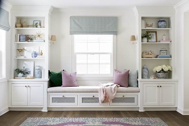 White Dove by Benjamin Moore, Satin Millwork Paint Color White Dove by Benjamin Moore, Satin White Dove by Benjamin Moore, Satin Window seat Bookshelves Cabinet White Dove by Benjamin Moore, Satin #WhiteDovebyBenjaminMoore #BenjaminMooreSatin