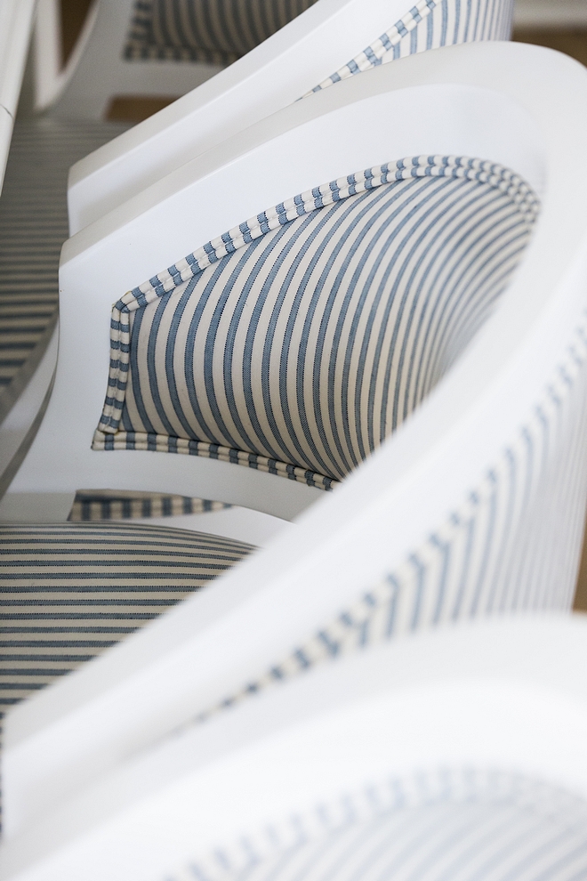 White counterstools with striped blue and white fabric The white counterstools with striped blue and white fabric are custom