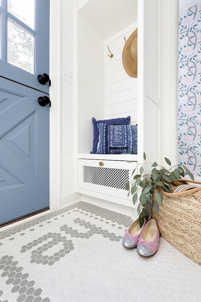 Mudroom Mudroom Tile Mudroom features 2" white hex tile and 2" grey hex tile forming the word hello as you enter Mudroom Mudroom #Mudroom #MudroomTile #tile #hextile