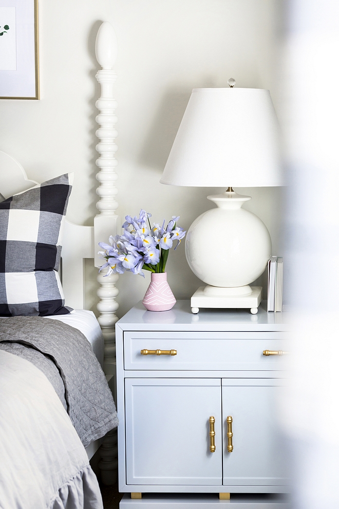 Bedroom Nightstand with large round table lamp and blush pink vase sources nightstand nightstand #nightstand