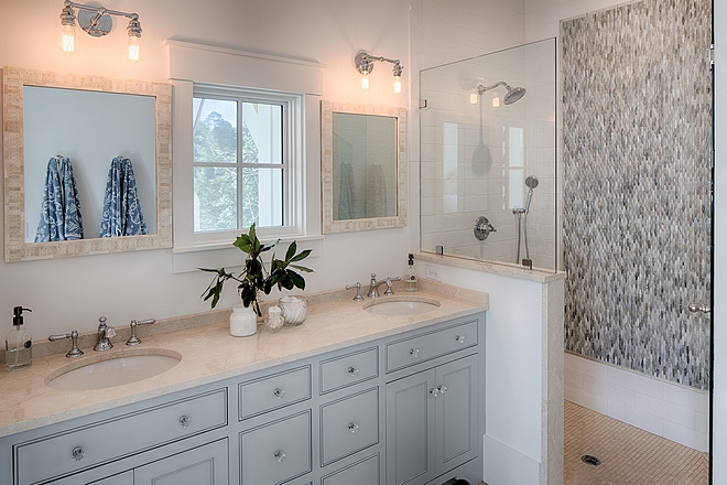 Sherwin Williams SW 7657 Tinsmith Master bathroom features a custom grey vanity painted in Sherwin Williams Tinsmith Sherwin Williams SW 7657 Tinsmith #greyvanity #greypaintcolor #greycabinet #SherwinWilliamsSW7657Tinsmith #SherwinWilliamsTinsmith