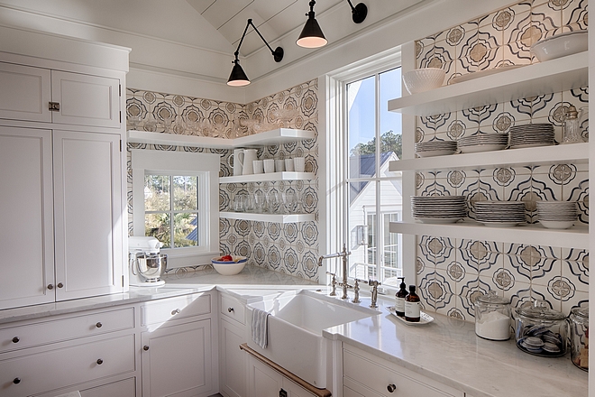 Walker Zanger Jasmine Decorative field tile in Mezzanotte Kitchen cement tile backsplash #kitchenbacksplash #cementtile #cementtilebacksplash #WalkerZanger #tile