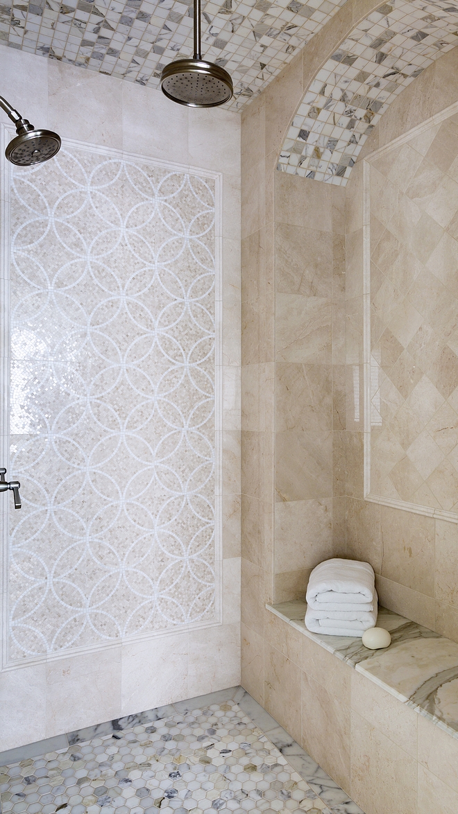 Shower Tile Traditional Shower Tile The master bathroom features a walk-in shower with neutral tiling and custom details #traditionalshower #neutraltile #showertiling #showertile