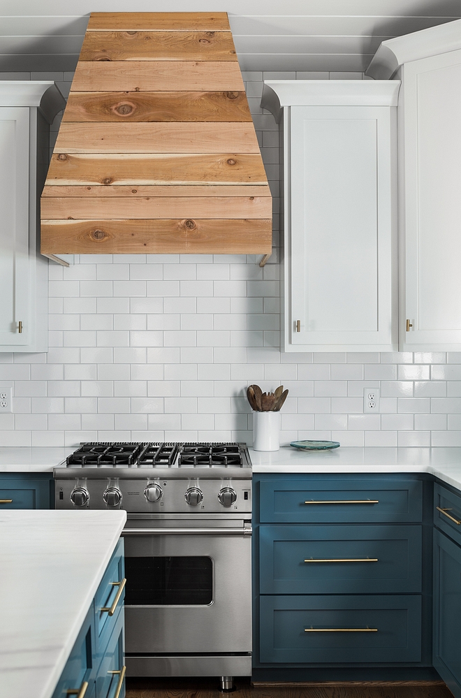 Benjamin Moore Yorktowne Green HC-133 Two-toned farmhouse kitchen features White Upper Cabinets painted in Benjamin Moore White Dove OC-17 Lower Cabinets painted in Benjamin Moore Yorktowne Green HC-133 Kitchen Cabinets and shiplap hood are Poplar wood shaker style cabinets #twotonedkitchen #farmhousetwotonedkitchen #BenjaminMooreYorktowneGreen #BenjaminMooreYorktowneGreenHC133