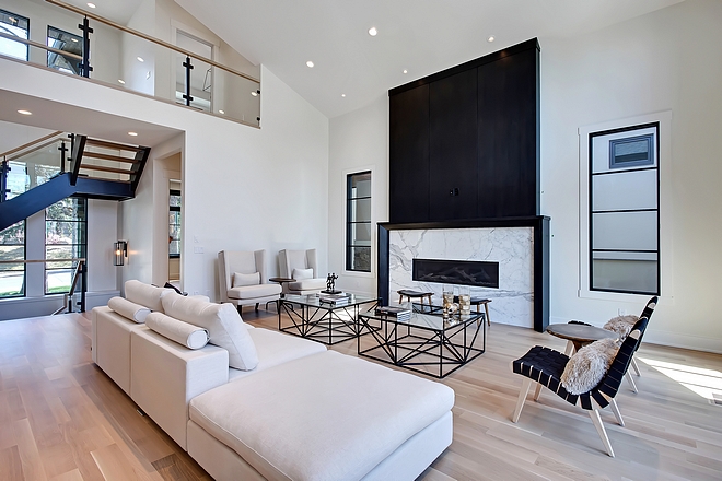 Fireplace Details Clear view single sided 70” gas fireplace with solid marble slab surround and driftwood log set in the interior #Fireplace