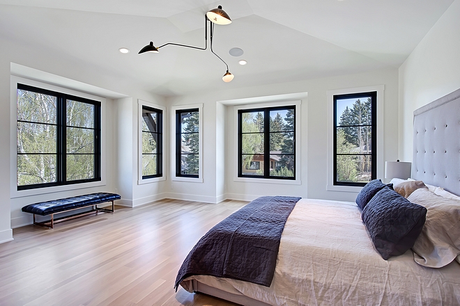 Modern Bedroom with white walls and black steel windows