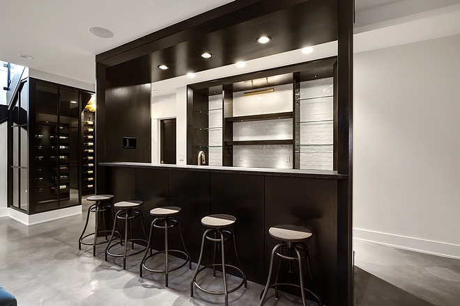 Basement Bar and Glass and black steel wine enclosure #basement #bar #blacksteelwineenclosure