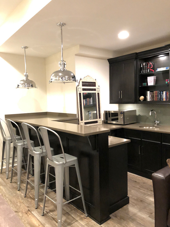 Basement Bar with grey quartz Countertop Basement Bar with grey quartz Countertop and metal stools Bar layout with grey quartz #basement #bar #greyquartz #countertop