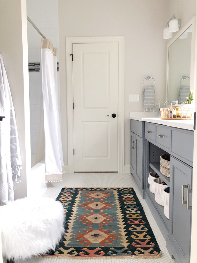 Benjamin Moore Classic Gray Walls with dark grey cabinet Two toned Grey Bathroom Benjamin Moore Classic Gray #BenjaminMooreClassicGray