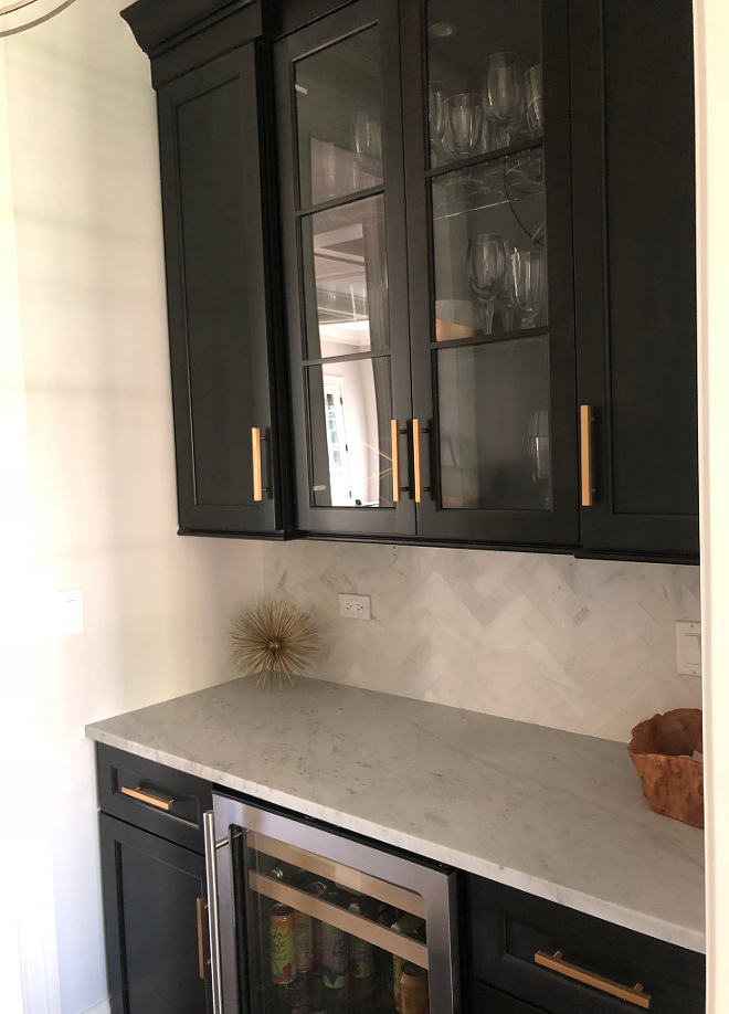 Butlers Pantry Black Butlers Pantry with herringbone marble backsplash white marble countertop and brass hardware Butlers Pantry Butlers Pantry #ButlersPantry