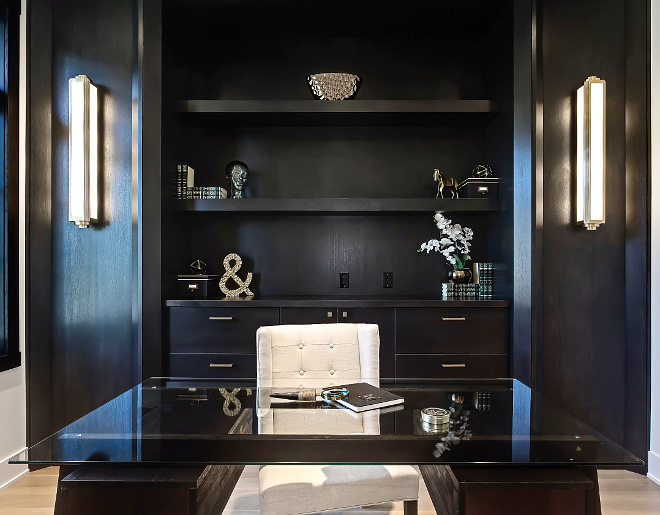 Home Office with long sconces flanking custom cabinet with drawers and open shelves #homeffice #longsconces 