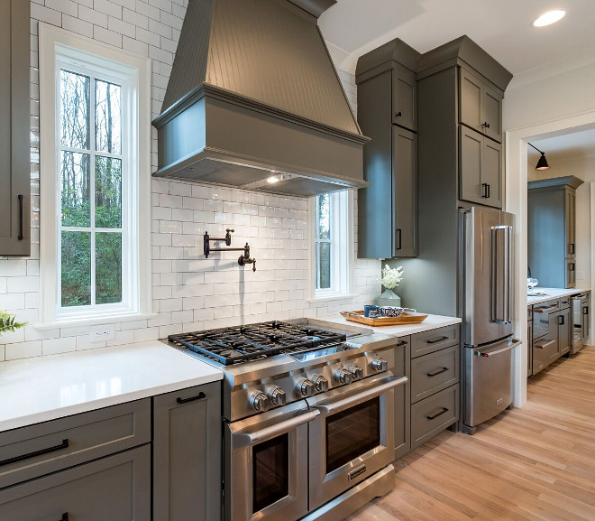 Grey Kitchen with white subway tile and white quartz countertop Grey Kitchen with white subway tile and white quartz countertop ideas #GreyKitchen