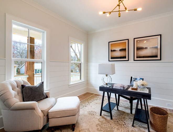 Home Office with Shiplap wainscoting Half wall Shiplap The shiplap wainscoting adds to the farmhouse style and is painted in Benjamin Moore White Dove The walls above the shiplap wainscoting are painted in Benjamin Moore Dove Wing #HomeOffice #Shiplap #HalfwallShiplap #shiplapwainscoting