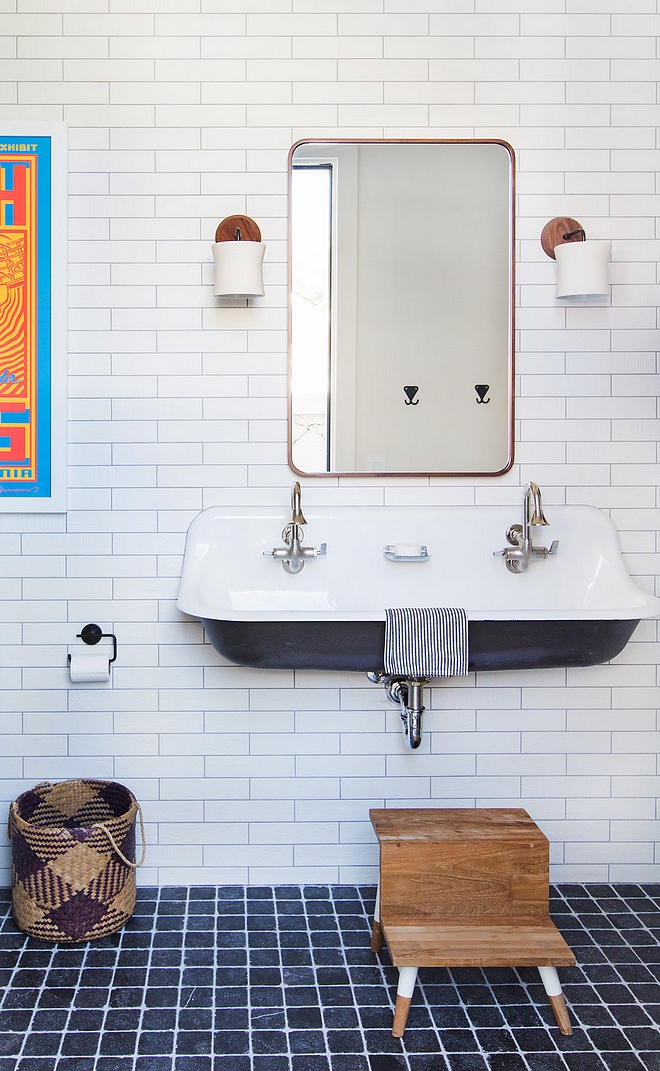 Kids Bathroom with floating Kohler sink with 2.5x10 white subway tile #kidsbathroom #subwaytile