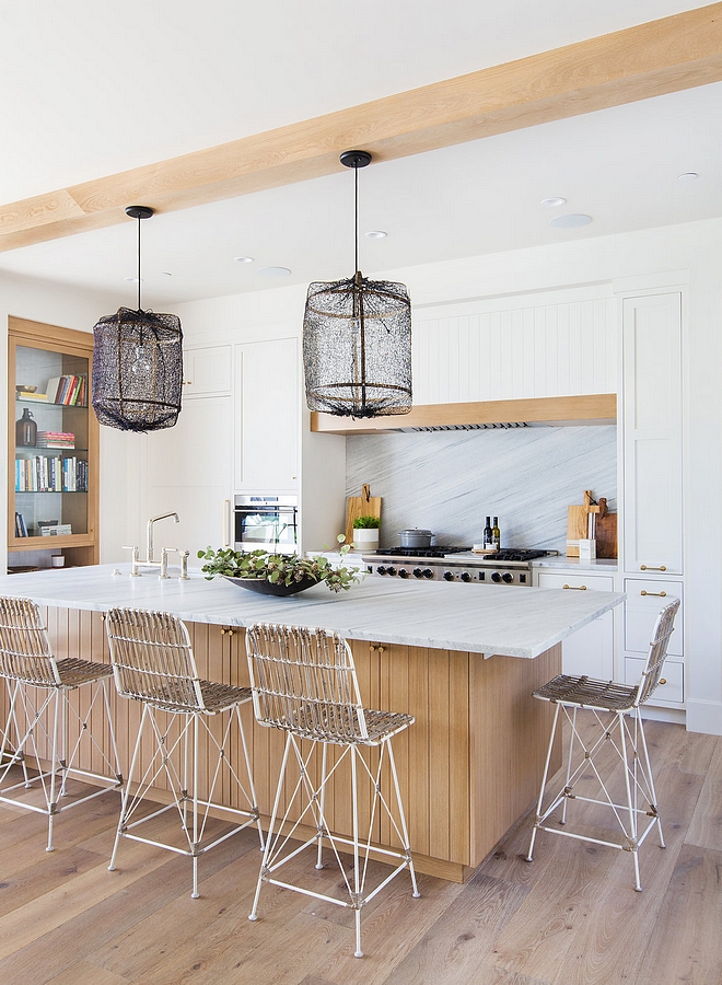 White kitchen with Rift Oak Kitchen Island and Rift Oak Ceiling Beams Rift Oak Rift Oak Kitchen #kitchen #RiftOak #RiftOakkitchen #RiftOakisland