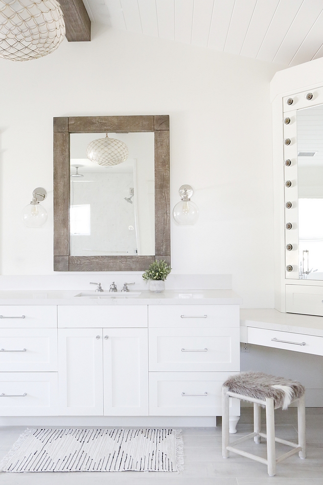 Simply White by Benjamin Moore Bahroom with reclaimed wood beam and reclaimed wood mirror #bathroom #simplywhitebenjaminmoore #reclaimedwood #reclaimedwoodbeam #reclaimedwoodmirror #reclaimedmirror