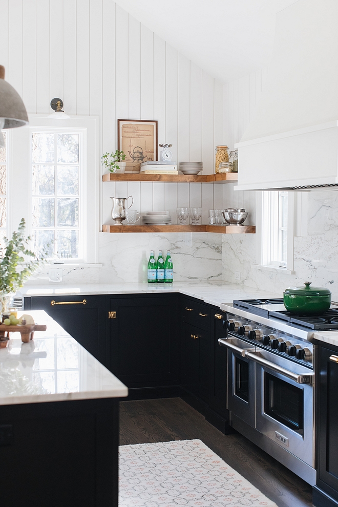 Marble Backsplash Slabs of Calacatta Crema marble meets the vertical shiplap on walls #marblebacksplash #slabbacksplash #kitchen #backsplash #shiplap