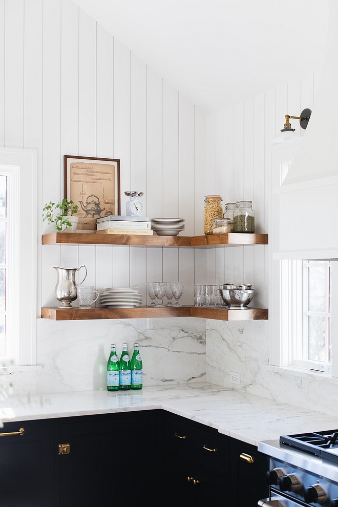 Kitchen floating chunky shelves Farmhouse kitchen with vertical shiplap walls and floating chunky shelves #Kitchen #floatingshelves #chunkyshelves #shiplap #kitchen #kitchenshelves #chunkyshelves