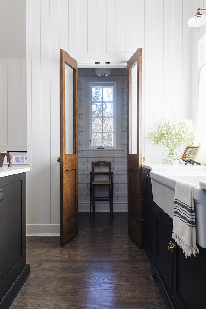 Farmhouse Pantry Pantry Tile The pantry features floor-to-ceiling white subway tile Farmhouse Pantry Subway Tile #FarmhousePantry #pantry #whitesubwaytile #subwaytile