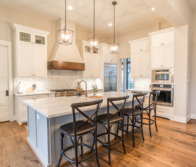 Sherwin Williams Alabaster Modern Farmhouse Kitchen Perimeter cabinets are painted in Sherwin Williams Alabaster #SherwinWilliamsAlabaster